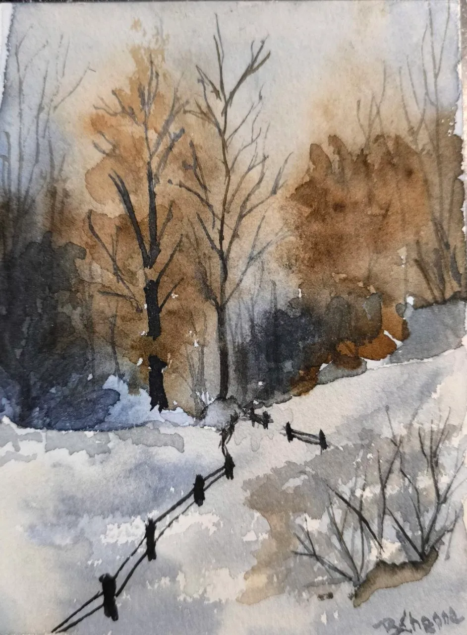 Ambiance hivernale 1, aquarelle de Béhenne