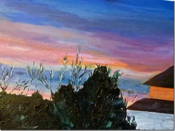 Coucher de soleil d’hiver aux écameaux, huile de Béhenne