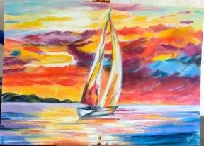 Coucher de soleil et voile, pastel de Béhenne