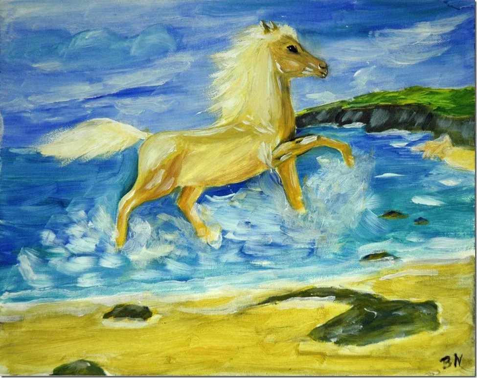 Galops au bord de l’eau, huile de Béhenne