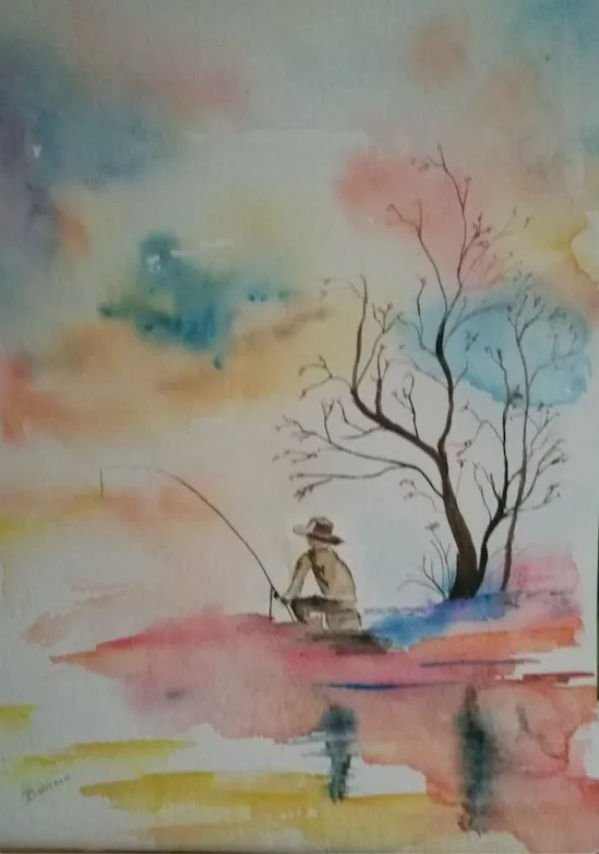 Le pêcheur, aquarelle de Béhenne