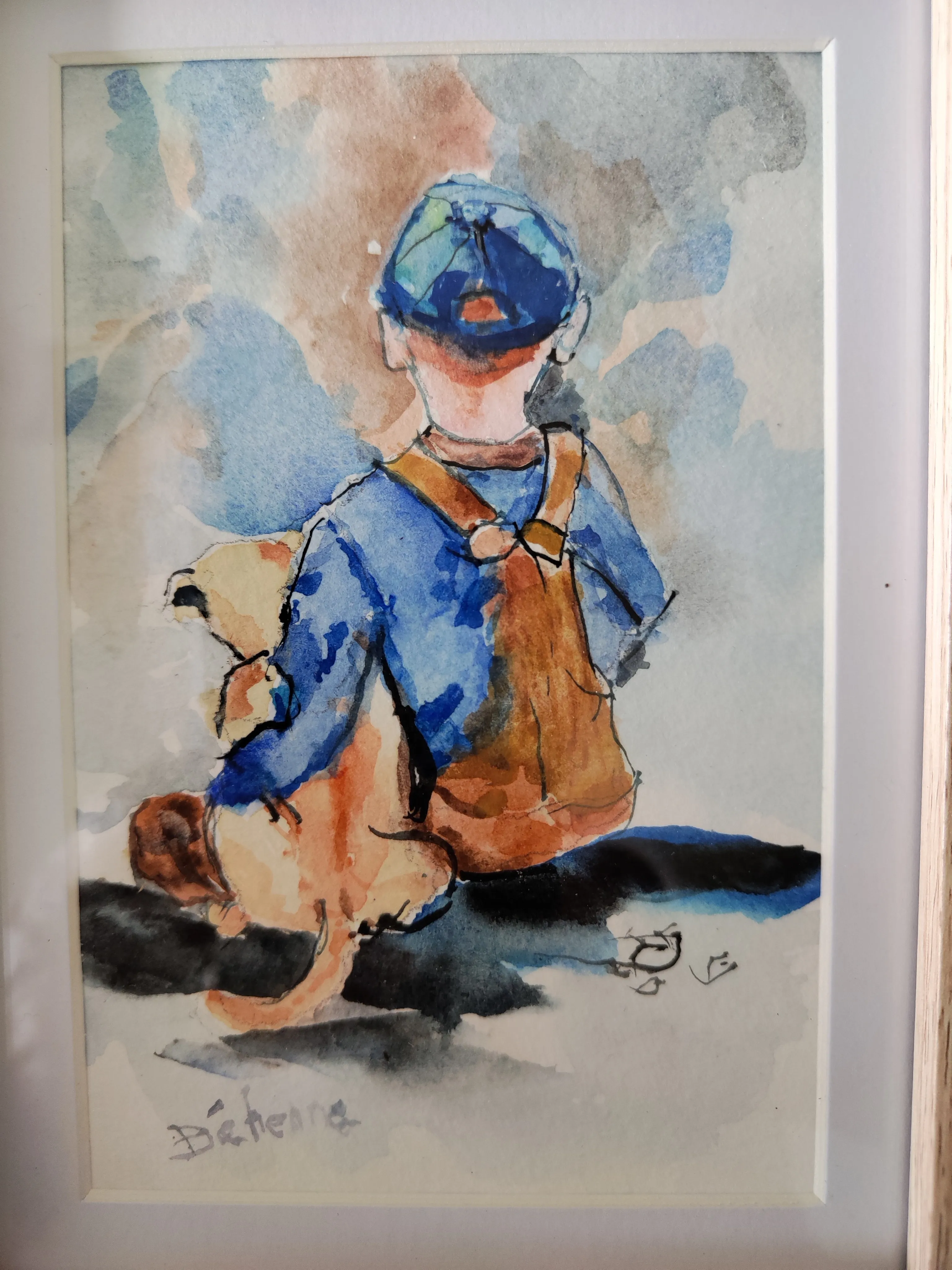 Le petit garçon et son chien, aquarelle de Béhenne