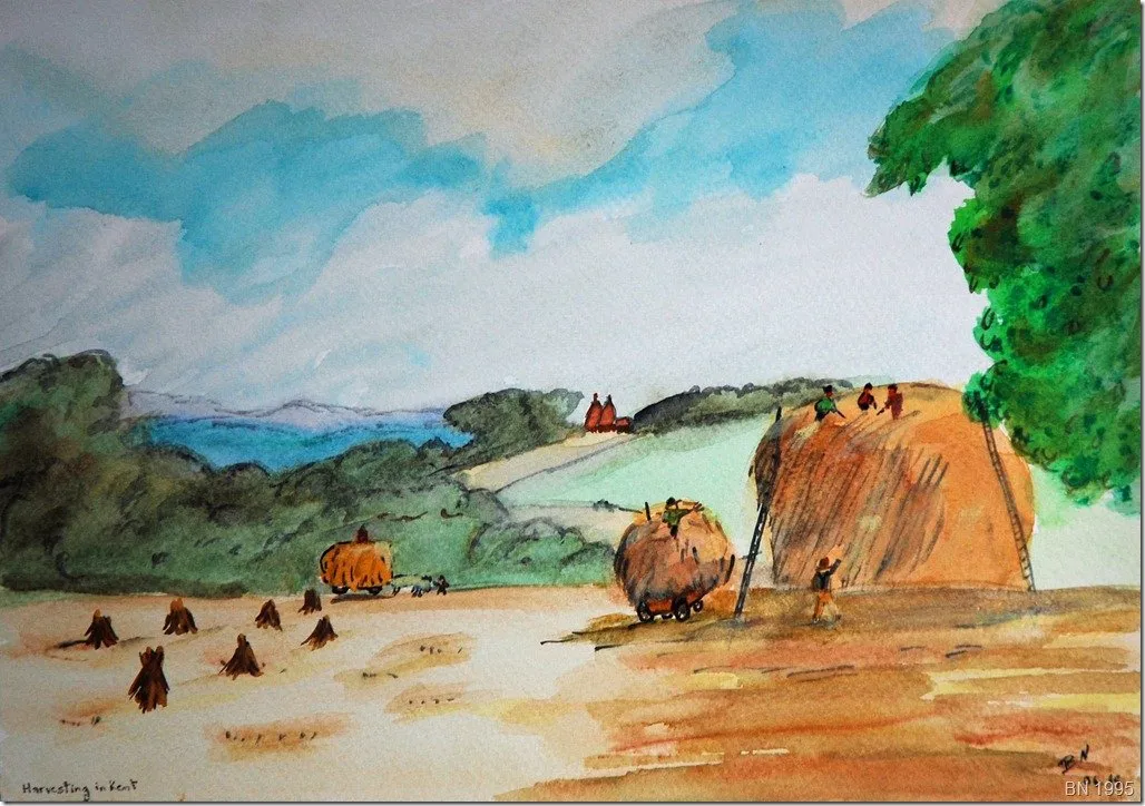 Les foins, aquarelle de Béhenne