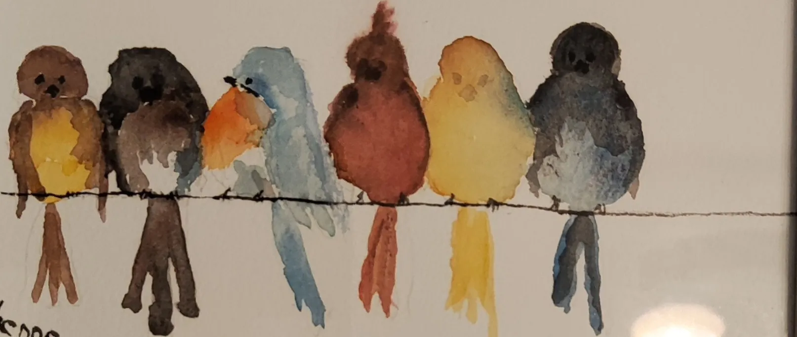 Les oiseaux sur le fil, aquarelle de Béhenne