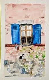 Les volets bleus, aquarelle de Béhenne
