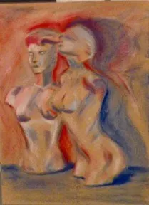 Mannequins en rouge et bleu, pastel de Béhenne