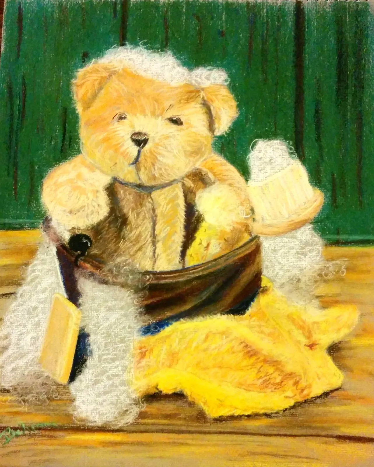 Nounours dans son bain, pastel de Béhenne