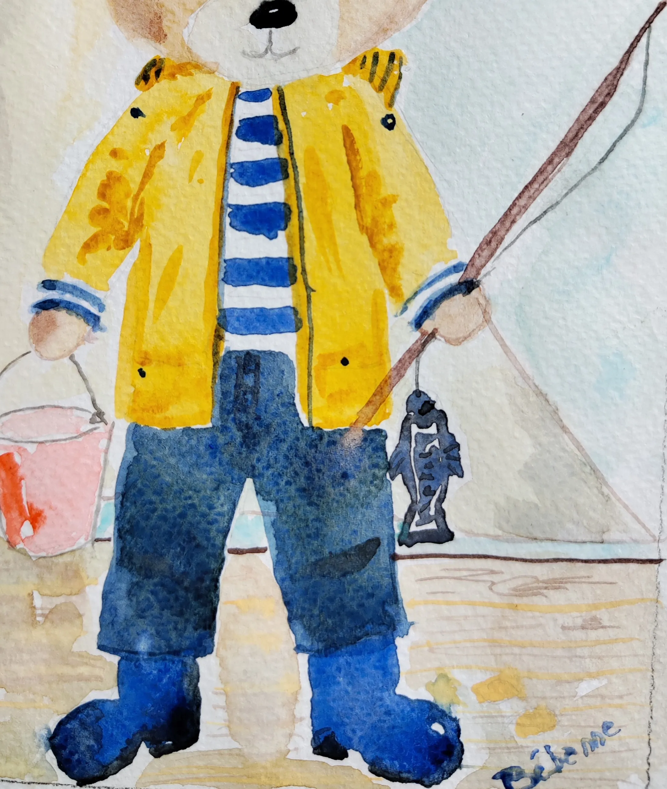 Nounours revient de la pêche, aquarelle de Béhenne