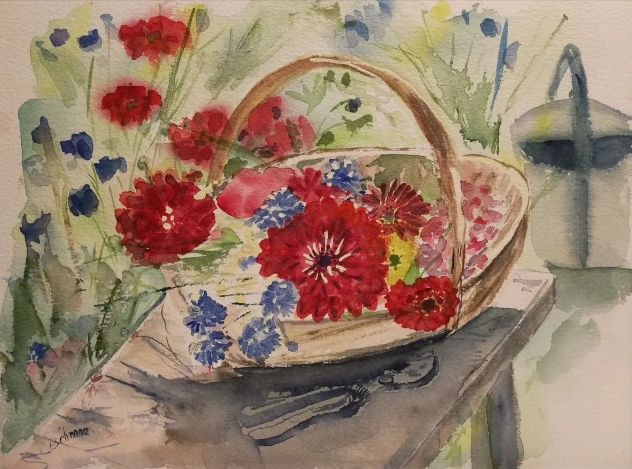 Panier de fleurs, aquarelle de Béhenne