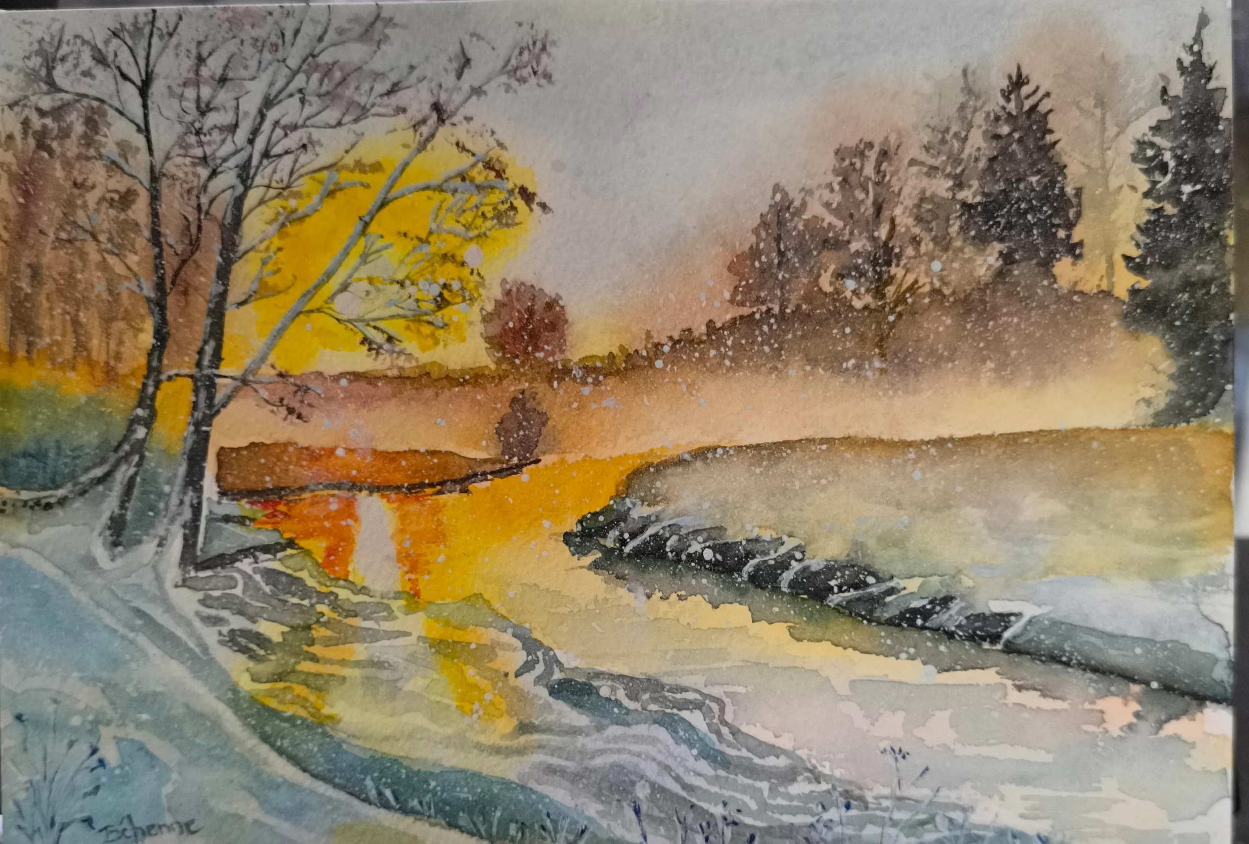 Paysage hivernal, aquarelle de Béhenne