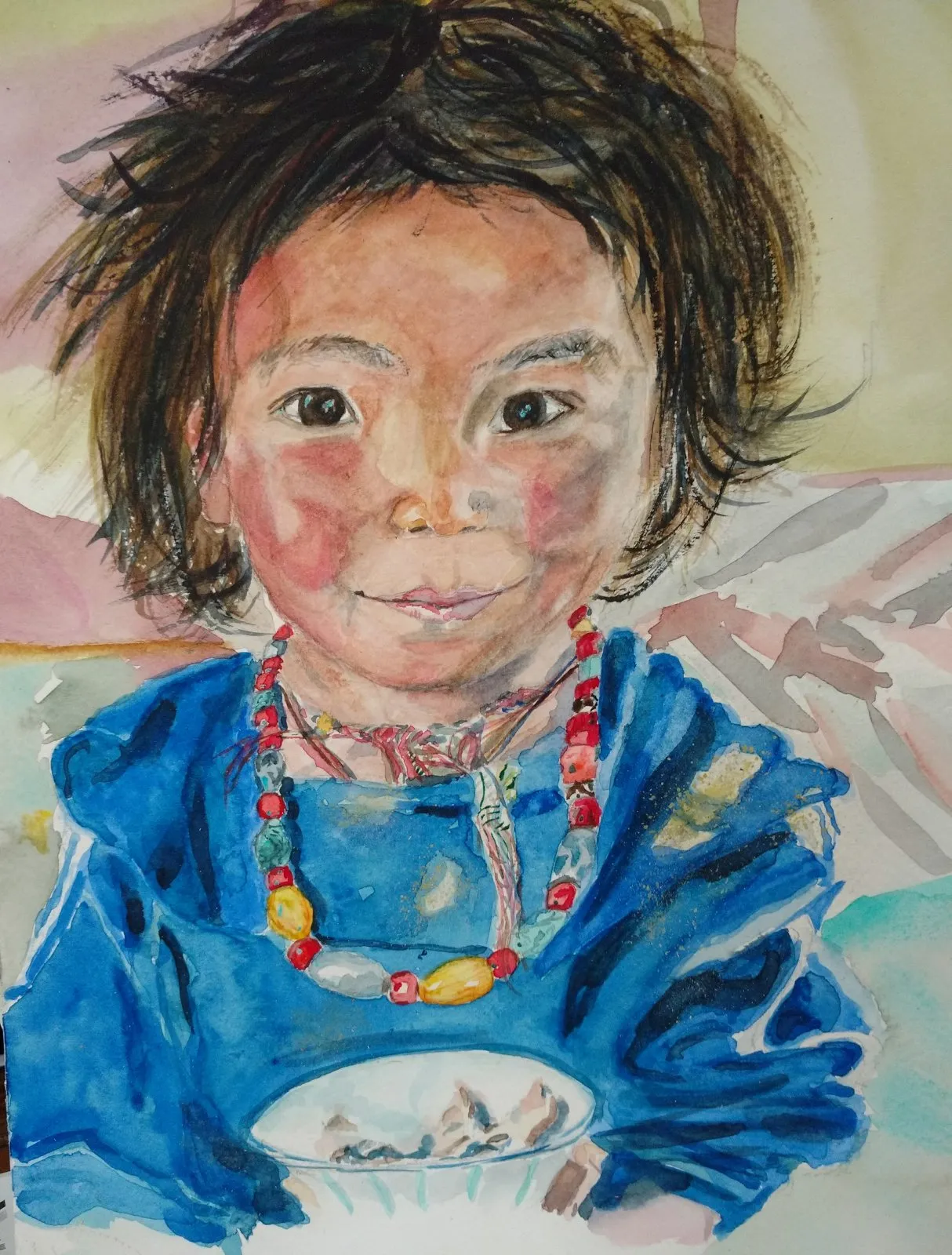 Petite fille aux joues rouges, aquarelle de Béhenne