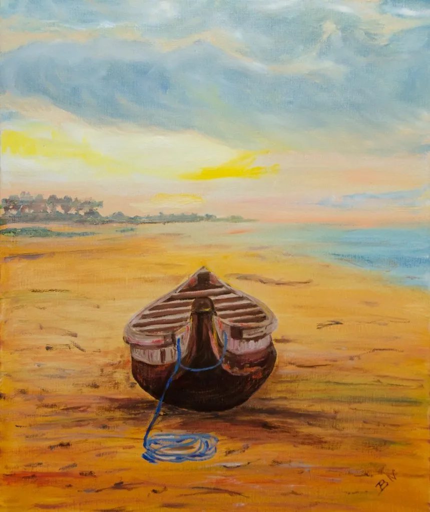 Pirogue sur la rive, huile de Béhenne