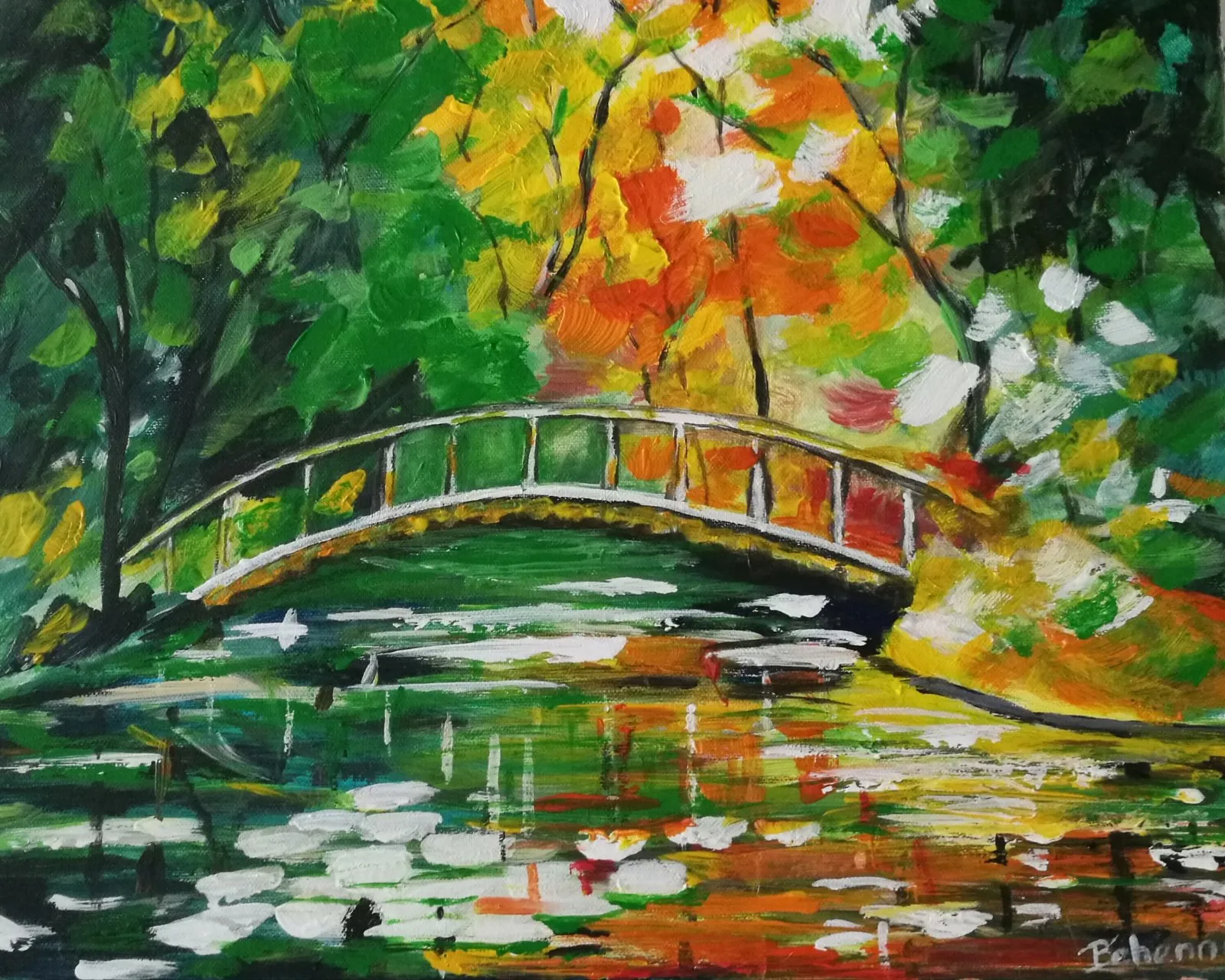 Pont en sous bois, acrylique de Béhenne