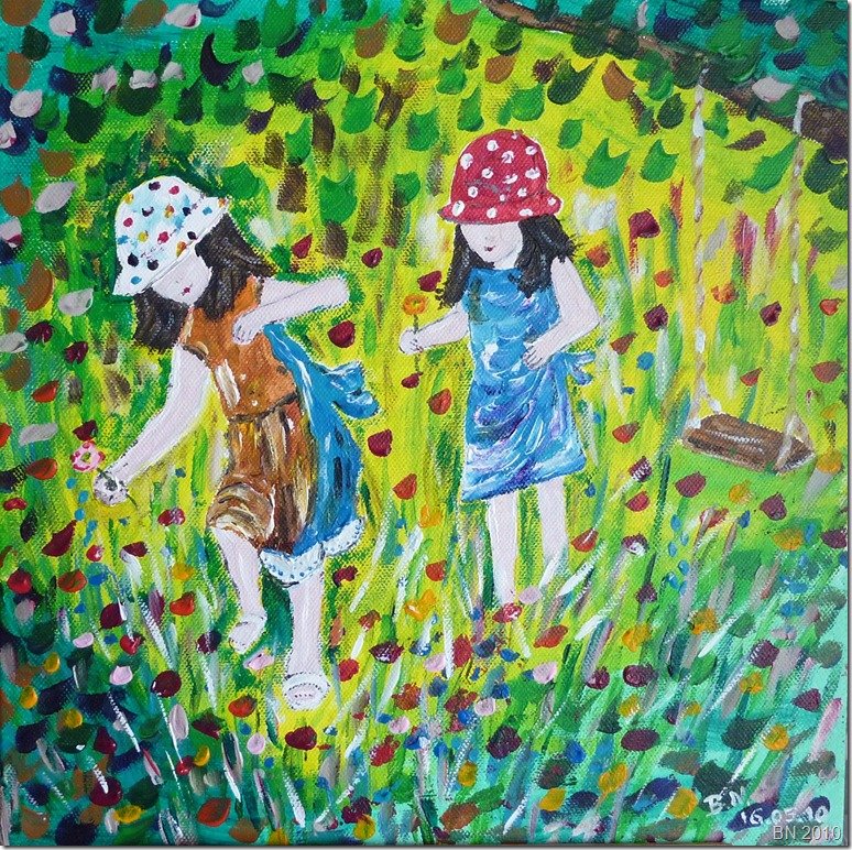 Fillettes, fleurettes et balançoire